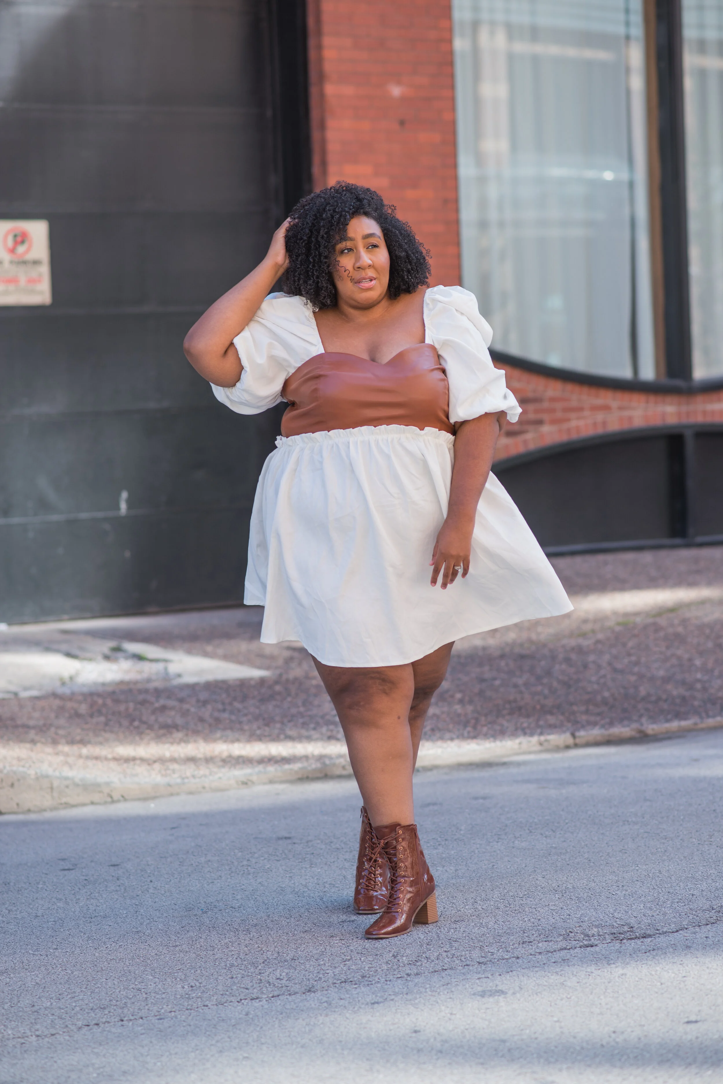 White dress with brown boots best sale